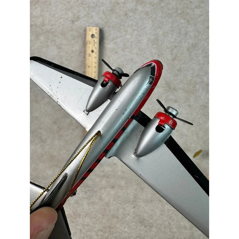 Vintage Metal Airplane Ornament‎ Silver Red Propeller Christmas Tree Decor